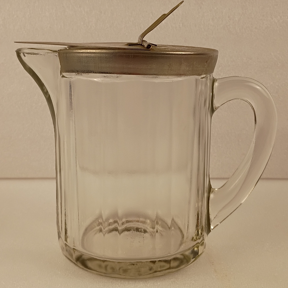 McKee Glass Co 1951 Clear Ribbed Glass Syrup Pitcher Metal Hinged Lid
